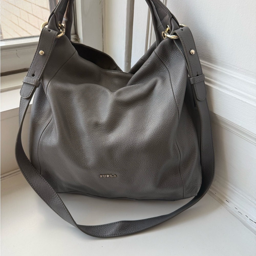 Furla Pebbled Leather Shoulder Hobo in Charcoal